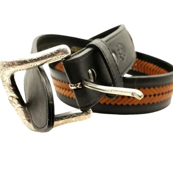 Ariat Brown Black Western Leather Belt Braided Two Tone 32 Silver Tooled Buckle - Picture 6 of 13